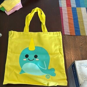 Yellow Narwhal and Penguin Kids Tote Bag